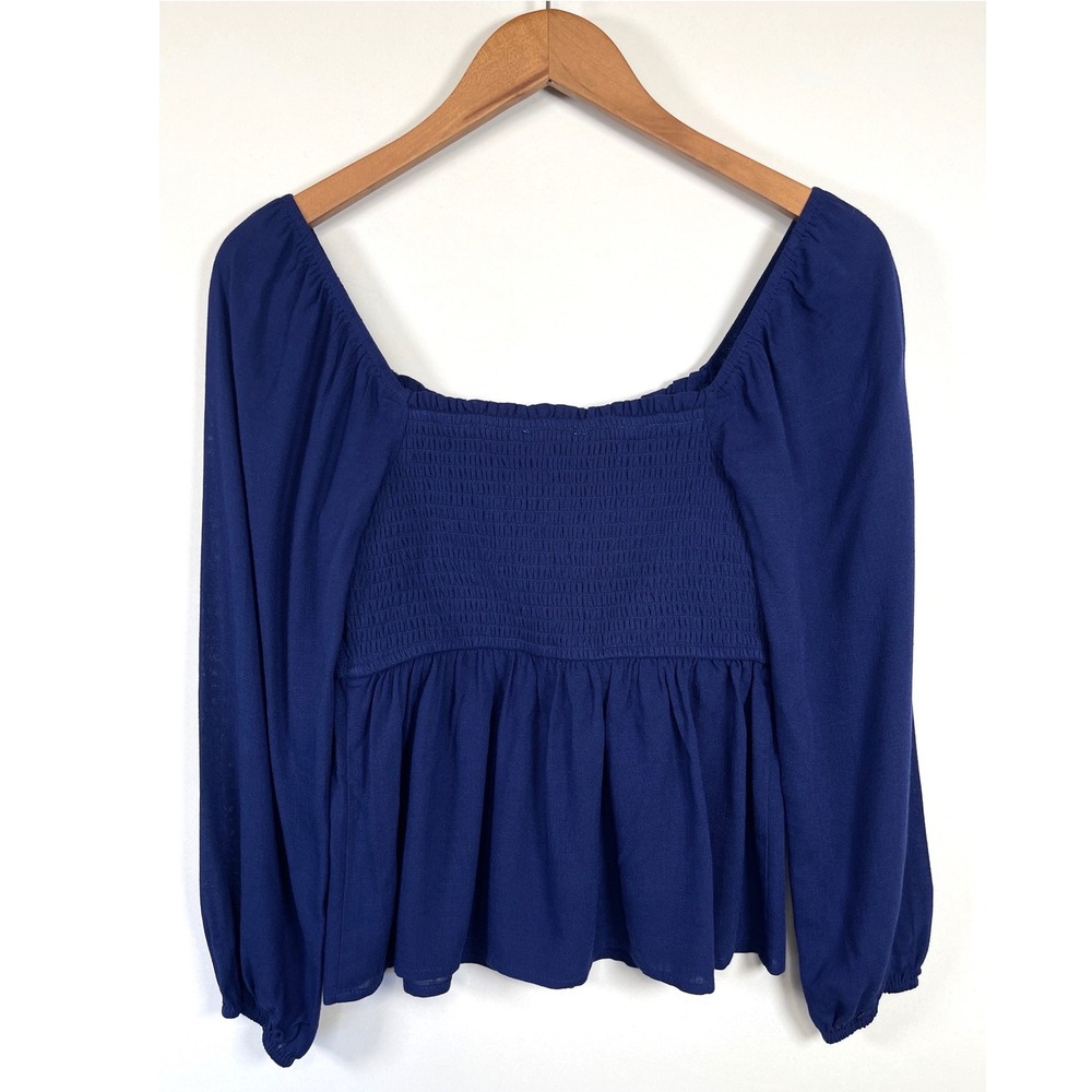 Womens Bohemian Smocked Peplum Long Sleeve Crop Top M Blue Romantic Feminine